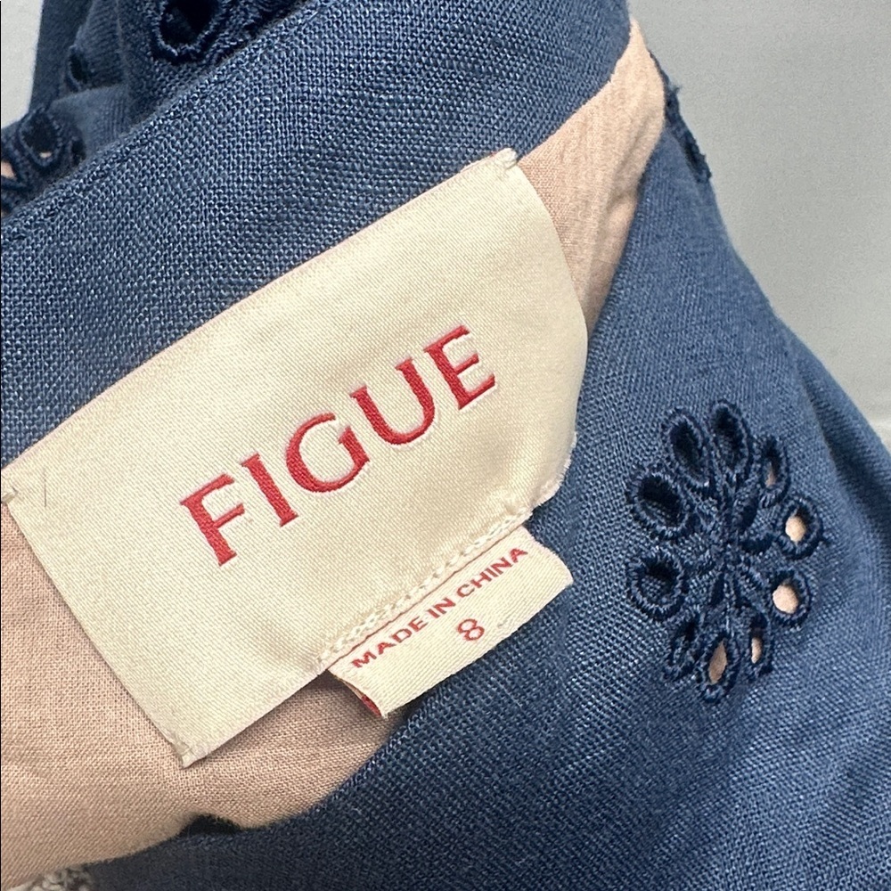 Figue Darcy Dress Linen Eyelet Floral Off The Shoulder Mini Navy Blue Size 8 - Picture 9 of 11